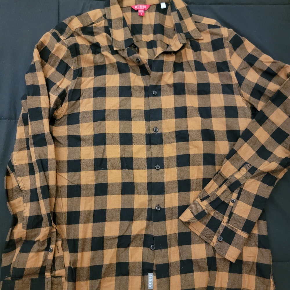 Guess Men's Black and Tan Checkered Button Up Shirt